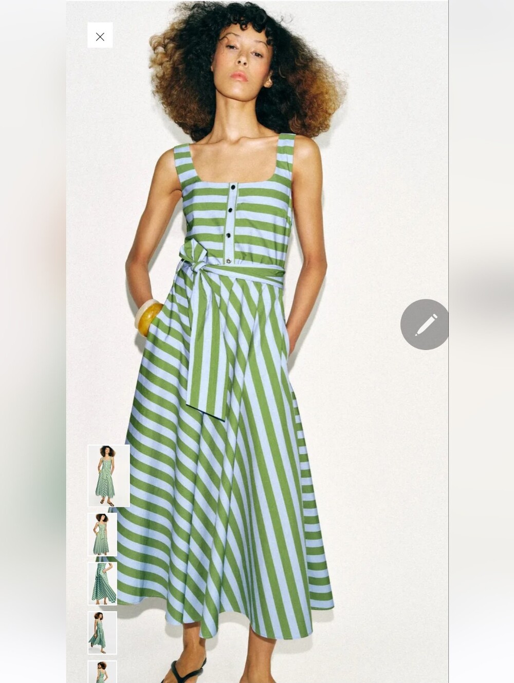 Zara Green and Light Blue Striped Midi Dress with Waist Tie - Picture 2 of 16